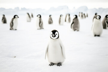 Obraz premium Group of penguin chicks in their natural snowy habitat. The image captures the spirit of community and wildlife in cold climates with soft, natural tones.