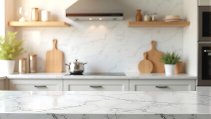 Fototapeta premium Selective focus,Marble table top on blur white kitchen room background. marble countertop in foreground, soft focus, pastel colors, minimalist design