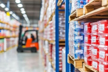 Fototapeta premium Brightly Lit Warehouse Interior with Stocked Shelves of Colorful Packaging and Forklift in Background, Ideal for Illustrating Inventory Management and Supply Chain Logistics