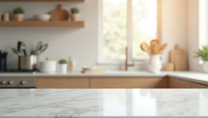 Selective focus,Marble table top on blur white kitchen room background. marble countertop in foreground, soft focus, pastel colors, minimalist design