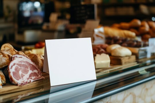 A bakery counter displays an assortment of breads and meats beside a blank menu card, inviting culinary imagination.