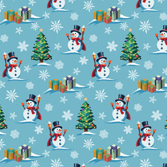 Christmas trees and snowmen in a pattern.Vector seamless pattern with decorated Christmas trees, snowmen and snowflakes on a blue background.