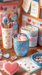 Heart-themed stationery and decor with pastel colors and sweet designs
