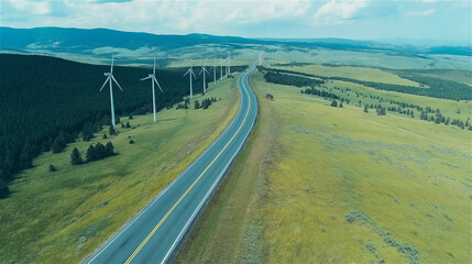 Aerial view of a long road surrounded by vast green fields and wind turbines under a clear blue sky, symbolizing renewable energy and sustainability with plenty of copy space.