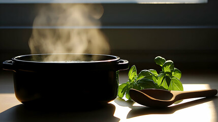 Aromatic steam rises from a dark pot of simmering soup, accompanied by fresh basil and a wooden spoon; a warm, inviting culinary scene.