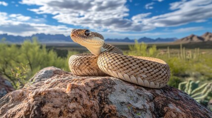 Fototapeta premium Majestic Desert Rattlesnake on a Rock, Arizona's Breathtaking Landscape