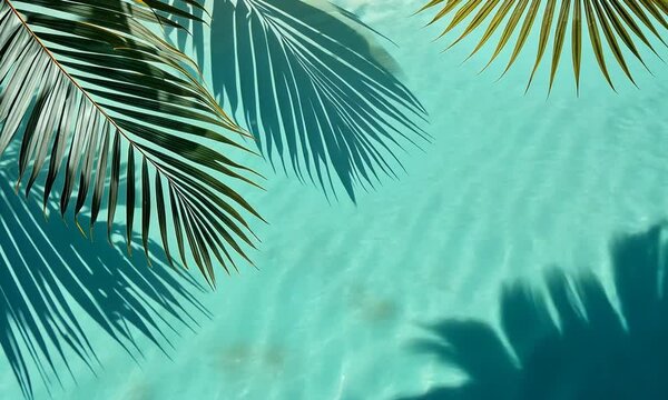 Background texture: reflection of a palm tree in the turquoise sea. Shadows of palm leaves on blue water.