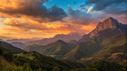 Obraz premium Green and brown mountains under a cloudy sky during sunset
