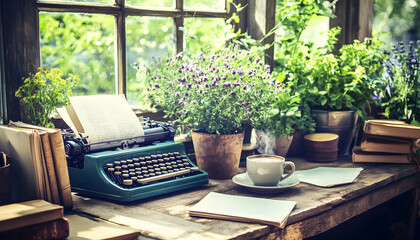 Fototapeta premium Vintage typewriter, books, plants, and coffee on rustic wooden table by sunlit window; evokes creativity, writing, and peaceful atmosphere.
