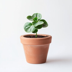 Fototapeta premium Small Potted Plant with Green Leaves in Terracotta Pot