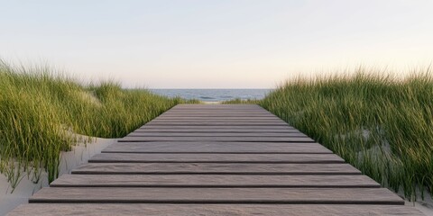 Fototapeta premium Walking pathway leads to serene beach at sunset time