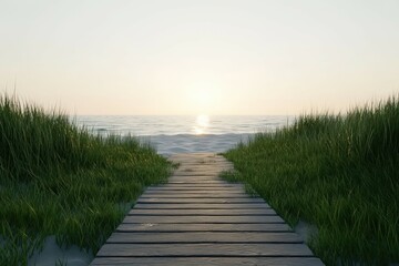 Obraz premium Pathway through grass leading to serene beach at sunset