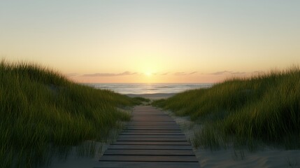 Naklejka premium Pathway through grass leading to the ocean at sunset