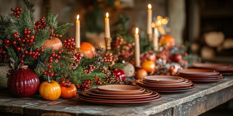 Autumn Dining Table Decorated with Candles and Leaves