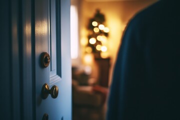 A slightly ajar door reveals a cozy, warmly lit room, inviting curiosity and a sense of homecoming.