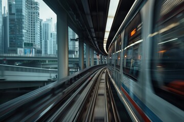 A train speeds through a bustling cityscape, symbolizing rapid transit and urban energy with buildings towering overhead.