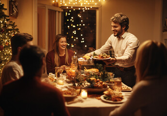 Joyful friends gathered around a festive dinner table celebrating Christmas and new years, holiday ambiance with a decorated Christmas tree, warm lighting, and cheerful conversations. Generative AI