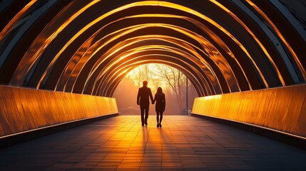 Silhouetted couple walking hand in hand under a radiant sunset in a modern architectural tunnel.