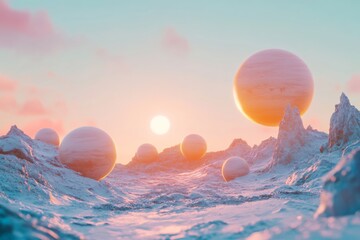 Spherical planets float above an icy, surreal landscape under a pastel sky, evoking a sense of wonder and extraterrestrial exploration.