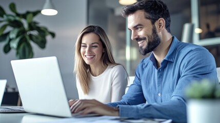 Male and female colleagues working on laptops in the office