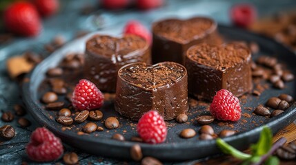 Decadent chocolate hearts adorned with fresh raspberries and coffee beans on a rustic background. Generative AI