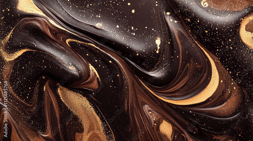 Aufkleber Rich mocha paint swirls and dances under shimmering golden highlights, creating an alluring abstract pattern. This vibrant display captivates with its intricate details and harmonious flow
