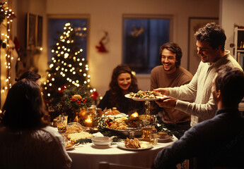 Joyful friends gathered around a festive dinner table celebrating Christmas and new years, holiday ambiance with a decorated Christmas tree, warm lighting, and cheerful conversations. Generative AI
