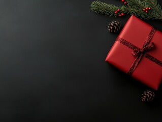 Festive red gift box with pine branches on dark background