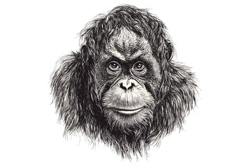 Hand-drawn orangutan vintage art, black sketch effect, wildlife illustration, animal art, trendy wall decor, nature drawing, wildlife sketch, artistic home decor, old engraving style.