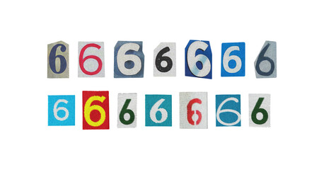 cut-out number "6" set from magazines on a transparent background, y2k ransom style