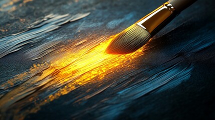 Fototapeta premium A close-up of a paintbrush applying vibrant gold paint on a textured dark surface.