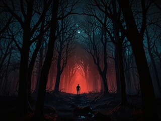 A dark, misty forest with a narrow path and mysterious atmosphere. misty forest path surrounded by tall trees, evoking a mysterious and eerie atmosphere.