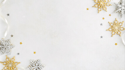 Modern minimalist Christmas background with a clean white backdrop, elegant gold and silver snowflakes scattered across, and subtle glittering textures, perfect for contemporary designs