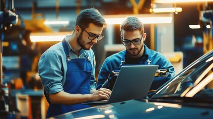 Fototapeta premium Two car mechanics are repairing cars with computers