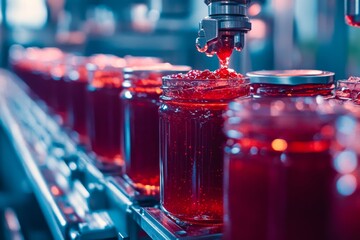 Vibrant red jam fills glass jars on a production line, captured in vibrant detail, showcasing the sweet, rich texture and gleaming surface of the preserve.