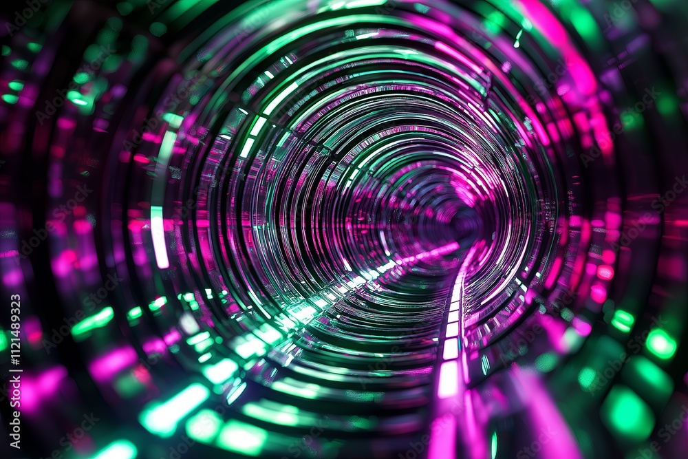 Poster a futuristic tunnel of light with concentric rings glowing in neon green and magenta.