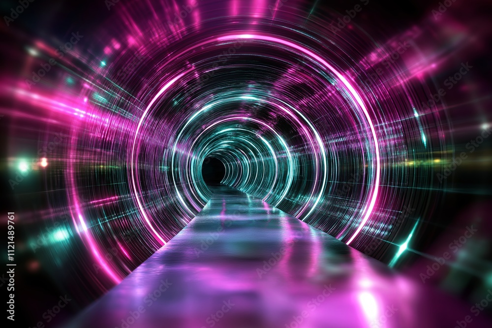 Aufkleber a futuristic tunnel of light with concentric rings glowing in neon green and magenta.