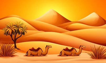 Fototapete Rund Two camels resting in a serene desert landscape at sunset, palm trees and rolling sand dunes under a warm golden sky. © Putu