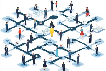 Diverse Business Professionals Engaging in a Collaborative Workplace Setting with Networking Connections and Various Documents in a Modern Office Environment