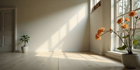 Fototapeta premium A bright, minimalist room with a large window letting in natural light. The room has white walls and a wooden floor. In the corner, there is a small potted plant with orange flowers