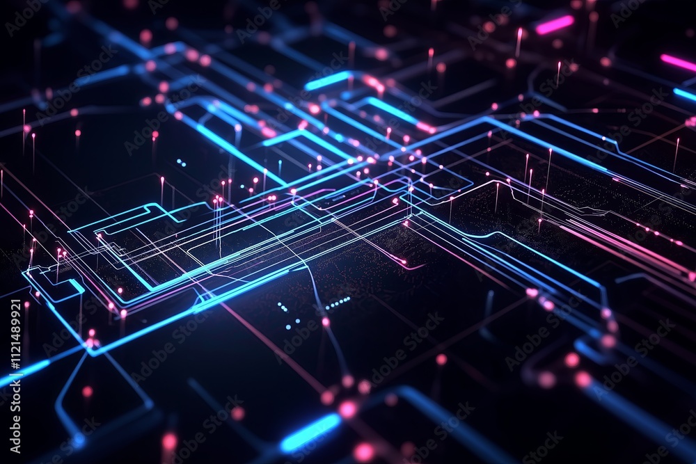 Poster a futuristic grid design with glowing neon blue lines against a black background.