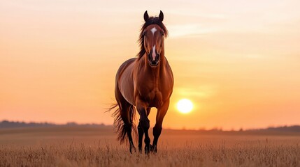 A majestic horse gallops towards the camera, set against a stunning sunset that casts a warm glow over the landscape.