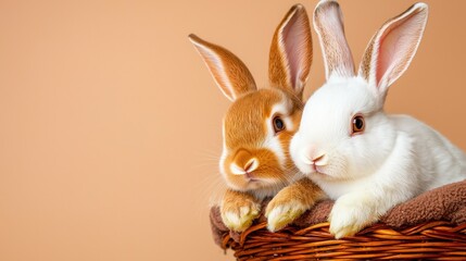 Obraz premium Two adorable rabbits cuddle together in a cozy basket, showcasing their soft fur and sweet expressions against a warm, neutral background.