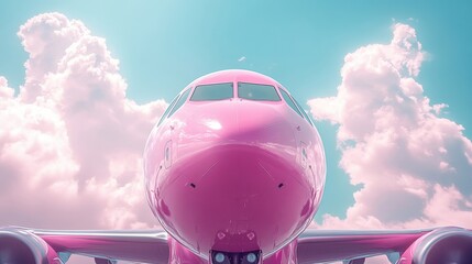 Pink airplane flying in the sky. In the background is the sky with fluffy clouds