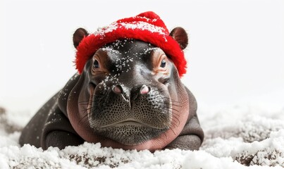 Pygmy hippo playing Happiness of animals on white background.