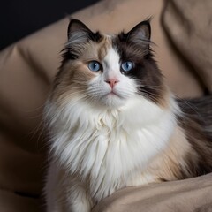 Fototapeta premium portrait of a bicolor gray-brown ragdoll cat on a light background
