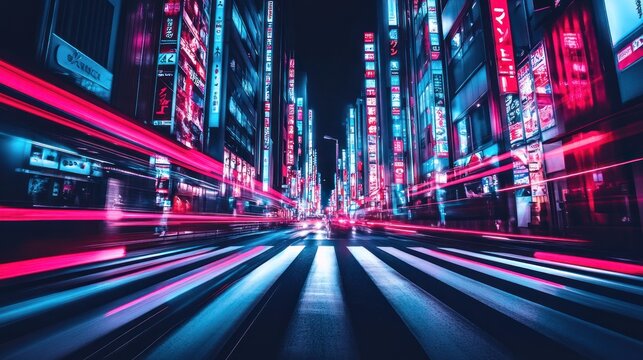 Neon Nightscape: Vibrant Tokyo Street at Night