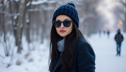 A Girl with blue winter wool cap and sunglasses in snowy scene
