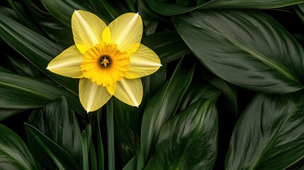 Fototapeta premium A vibrant yellow daffodil blooms amidst lush green leaves, showcasing the beauty of spring and nature's artistry.