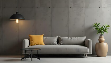 A modern gray sofa with a yellow pillow in a minimalist living room with a concrete wall and a hanging light bulb